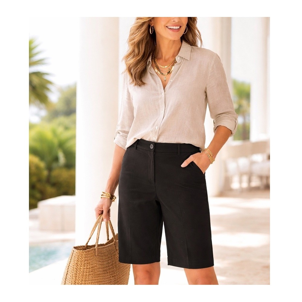 Chicos Bermuda Shorts 1 MED 8 Black Stretch Cotton Tailored Knee Length Slit Hem